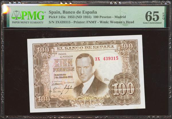 534 - 100 Pesetas. 7 de Abril de 1953. Serie 3X, última serie emitida. (Edifil 2023: 464e, Pick: 145a). Raro en esta excepcional calidad, apresto original. SC. Encapsulado PMG65EPQ. - 225€