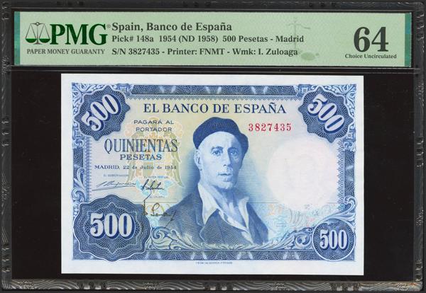582 - 500 Pesetas. 22 de Julio de 1954. Sin serie. (Edifil 2023: 468, Pick: 148a). Raro en esta calidad. SC. Encapsulado PMG64. - 675€