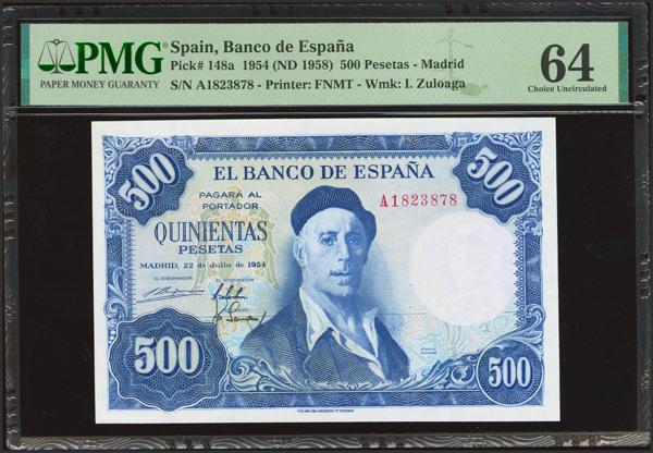 584 - 500 Pesetas. 22 de Julio de 1954. Serie A. (Edifil 2023: 468a, Pick: 148a). Raro en esta calidad. SC. Encapsulado PMG64. - 200€