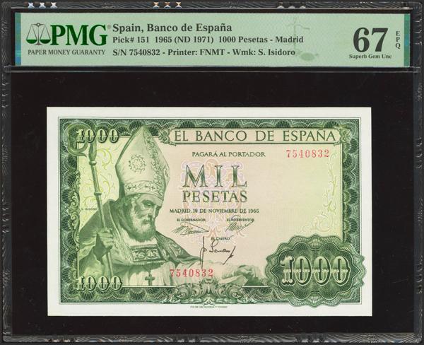 609 - 1000 Pesetas. 19 de Noviembre de 1965. Sin serie. (Edifil 2023: 471, Pick: 151). Rarísimo en esta excepcional calidad, apresto original. SC. Encapsulado PMG67EPQ. - 250€