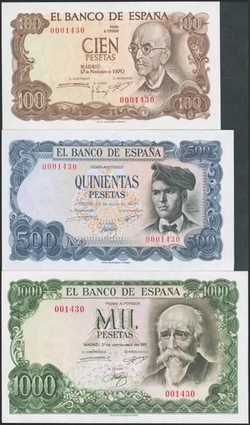 619 - Serie completa del 100 Pesetas, 500 Pesetas y 1000 Pesetas emitidos en 1970 y 1971, todos sin serie y con la misma numeración baja 0001430. (Edifil 2023: 472, 473, 474). Rarísima serie completa, apresto original. SC-. - 500€