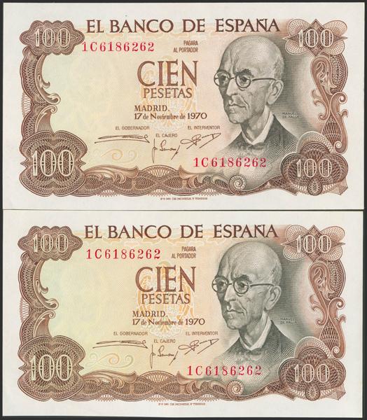 626 - 100 Pesetas. 17 de Noviembre de 1970. Pareja correlativa. Serie 1C y numeraciones iguales en dos billetes. (Edifil 2023: 472). Inusual y espectacular, para entender mejor la contextualización de este billete recomendamos la obra Enciclopedia de la Notafilia y Escripofilia Española", de Don José Antonio Castellanos, apresto original. SC-. - 90€
