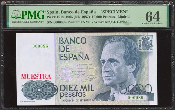 734 - 10000 Pesetas. 24 de Septiembre de 1985. Sin serie. MUESTRA, serie 000086 en verde y numeración 000000. (Edifil 2023: 481M). Raro. SC. Encapsulado PMG64. - 700€