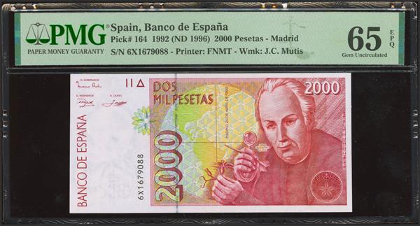 771 - 2000 Pesetas. 24 de Abril de 1992. Serie 6X, última serie emitida (diseño modificado en 1995). (Edifil 2023: 482Ac, Pick: 164*). Extraordinariamente rara serie, para hacernos a la idea de la rareza y con la información estadística que disponemos nos atrevemos a afirmar que se trata de una de las "últimas series" más difíciles de conseguir, especialmente en esta excepcional calidad, a la altura de las míticas 9B de Rosalía de Castro ó 17S de Pérez Galdós. SC. Encapsulado PMG65EPQ. - 1.500€