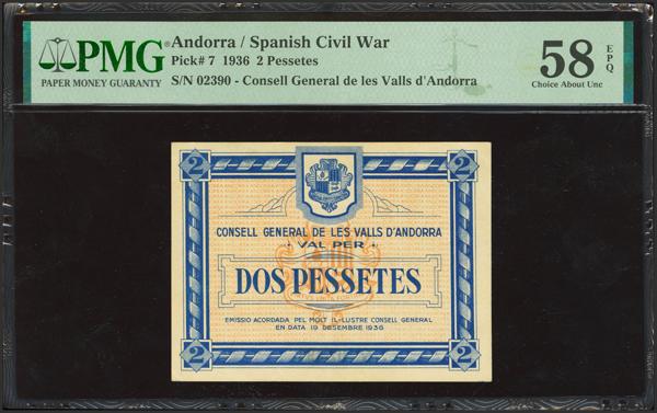 851 - ANDORRA. 2 Pessetes. 19 de Diciembre de 1936. Sin serie. (Edifil 2023: 4, Pick: 7). Rarísimo y especialmente en esta calidad. EBC+++. PMG58EPQ. - 325€