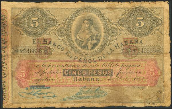 856 - EL BANCO ESPAÑOL DE LA HABANA. 5 Pesos. 18 de Abril de 1892. Serie H-8. (Edifil 2023: 14, Pick: 19). Extraordinariamente raro. BC. - 2.500€