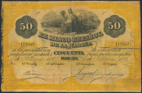 857 - EL BANCO ESPAÑOL DE LA HABANA. 5 Pesos. 4 de Febrero de 1878. (Edifil 2023: 25, Pick: 14). Extraordinariamente raro, la mayoría de los pocos billetes de este valor conocidos corresponden a billetes falsos de época. RC. - 2.500€