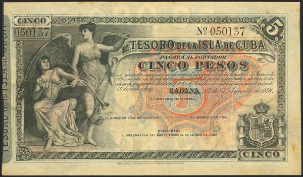 872 - BANCO ESPAÑOL DE LA ISLA DE CUBA. 5 Pesos. 12 de Agosto de 1891. Sin serie y sin firmas como los ejemplares conocidos. (Edifil 2023: 63). Raro, puntitos de aguja. MBC-. - 200€