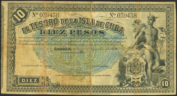873 - BANCO ESPAÑOL DE LA ISLA DE CUBA. 10 Pesos. 12 de Agosto de 1891. Sin serie y sin firmas como los ejemplares conocidos. (Edifil 2023: 64). Raro. BC-. - 200€