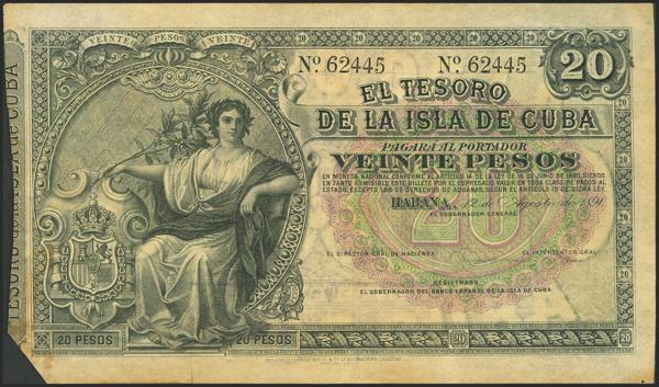 874 - BANCO ESPAÑOL DE LA ISLA DE CUBA. 20 Pesos. 12 de Agosto de 1891. Sin serie y sin firmas como los ejemplares conocidos de esta emisión. (Edifil 2023: 65). Muy raro. MBC+. - 350€