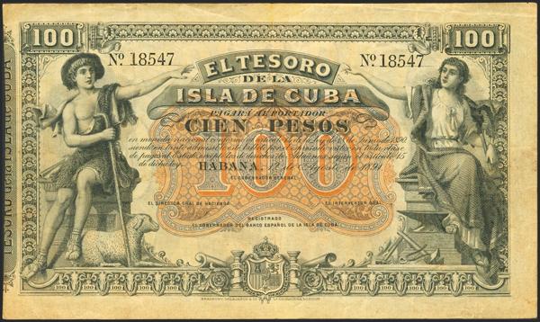 875 - BANCO ESPAÑOL DE LA ISLA DE CUBA. 100 Pesos. 12 de Agosto de 1891. Sin serie y sin firmas como los ejemplares conocidos de esta emisión. (Edifil 2023: 67). Rarísimo. MBC+. - 375€