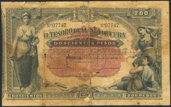 876 - BANCO ESPAÑOL DE LA ISLA DE CUBA. 200 Pesos. 12 de Agosto de 1891. Sin serie, numeración bajísima y sin firmas como los ejemplares conocidos de esta emisión. (Edifil 2023: 68). Rarísimo y reparado. RC. - 350€