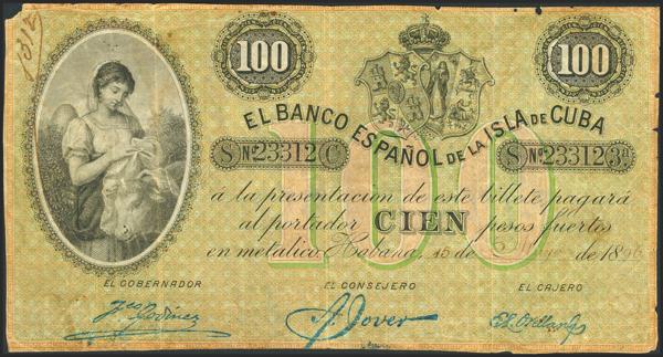 882 - BANCO ESPAÑOL DE LA ISLA DE CUBA. 50 Pesos. 15 de Mayo de 1896. Serie C y fechado con estampilla. (Edifil 2023: 75). Extraordinariamente raro, puntitos de "polilla". MBC-. - 3.000€