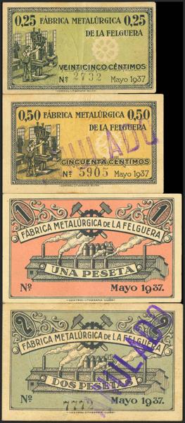 915 - FELGUERA (ASTURIAS). 25 Céntimos, 50 Céntimos, 1 Peseta y 2 Pesetas. Mayo de 1937. Sin serie. (González: 2431/34). Muy rara serie completa. EBC/EBC-. - 225€
