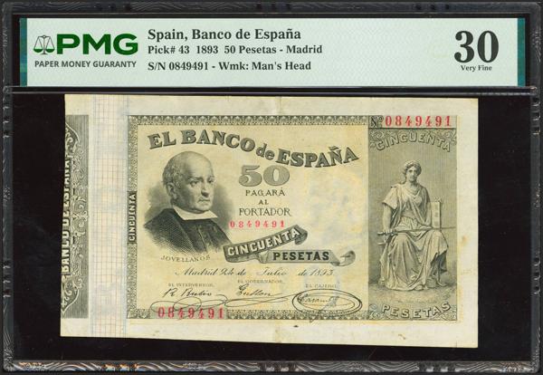10 - 50 Pesetas. 24 de Julio de 1893. Sin serie. (Edifil 2023: 301, Pick 43). Raro, reparado. MBC+. Encapsulado PMG30 (repaired). - 750€