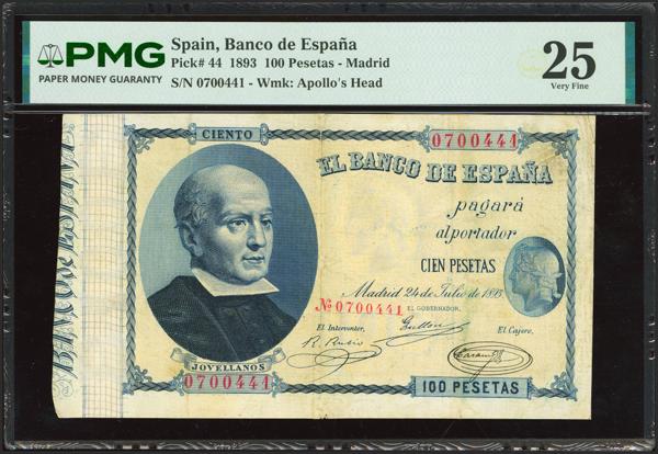 11 - 100 Pesetas. 24 de Julio de 1893. Sin serie. (Edifil 2023: 302, Pick: 44). Raro, reparado. MBC+. Encapsulado PMG25 (repaired, cancellation lightened). - 600€