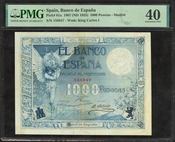 134 -  1000 Pesetas. 10 de Mayo de 1907. Sin serie y sello en seco ESTADO ESPAÑOL / BURGOS. (Edifil 2023: 414, Pick: 61b). Muy raro, especialmente en esta excepcional calidad, puntitos de aguja e ínfima reparación. EBC-. Encapsulado PMG40 (pinholes, minor repairs). - 2.700€