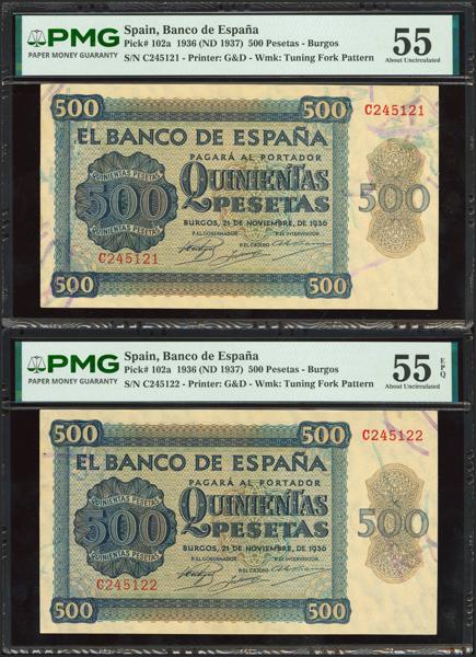 154 - 500 Pesetas. 21 de Noviembre de 1936. Pareja correlativa. Serie C, última serie. (Edifil 2023: 422b, Pick: 102a). Extraordinariamente rara. EBC+. Encapsulados PMG55/55EPQ. - 1.500€