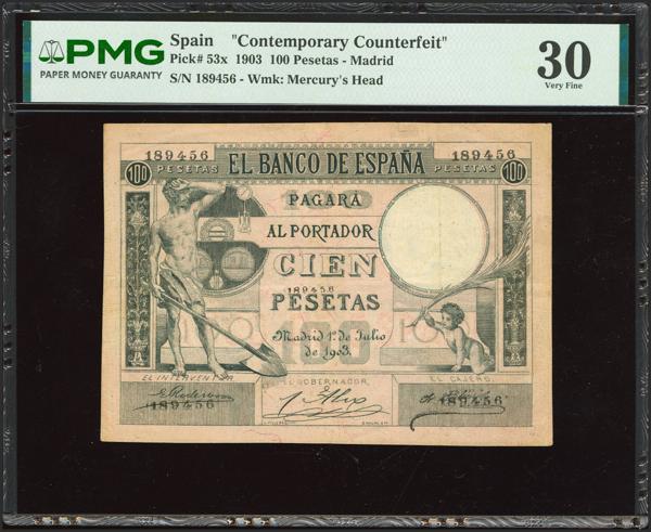 19 - 100 Pesetas. 1 de Julio de 1903. Falso de Epoca. Sin serie. (Edifil 2023: 310F, Pick: 53x). Muy raro, mínimamente reparado. Encapsulado PMG30 (minor repair).  - 500€