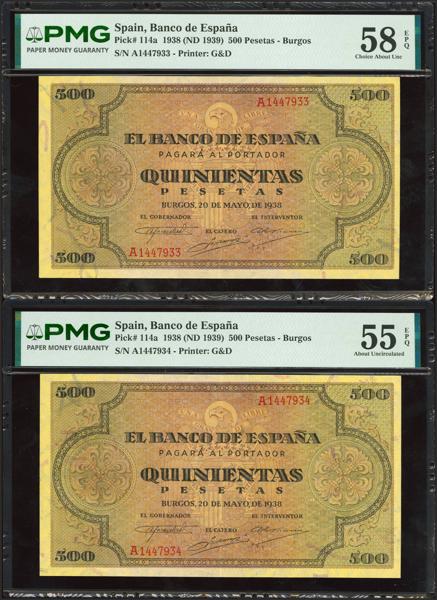 215 - 500 Pesetas. 20 de Mayo de 1938. Pareja correlativa. Serie A. (Edifil 2023: 433, Pick: 114a). Extraordinariamente rara, apresto original. EBC+. Encapsulados PMG55EPQ/58EPQ. - 1.700€