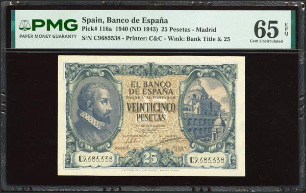 223 - 25 Pesetas. 9 de Enero de 1940. Serie C. (Edifil 2023: 436a, Pick: 116a). Raro en esta excepcional calidad, apresto original. SC. Encapsulado PMG65EPQ. - 325€