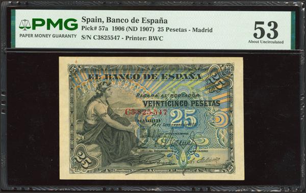 22 - 25 Pesetas. 24 de Septiembre de 1906. Serie C. (Edifil 2023: 314a, Pick: 57a). Inusual en esta calidad. EBC+. Encapsulado PMG53. - 240€