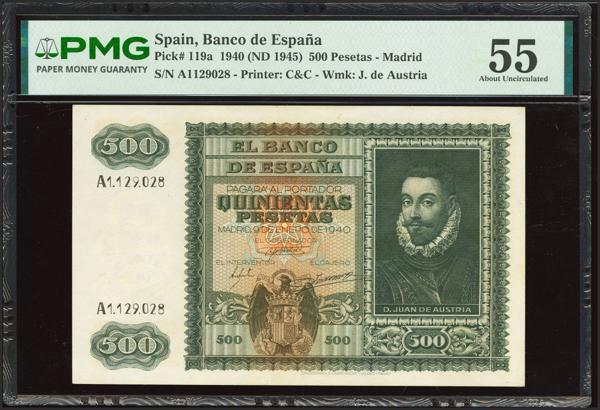 232 - 500 Pesetas. 9 de Enero de 1940. Serie A. (Edifil 2023: 439, Pick: 119a). Raro en esta calidad. EBC+. Encapsulado PMG55. - 500€