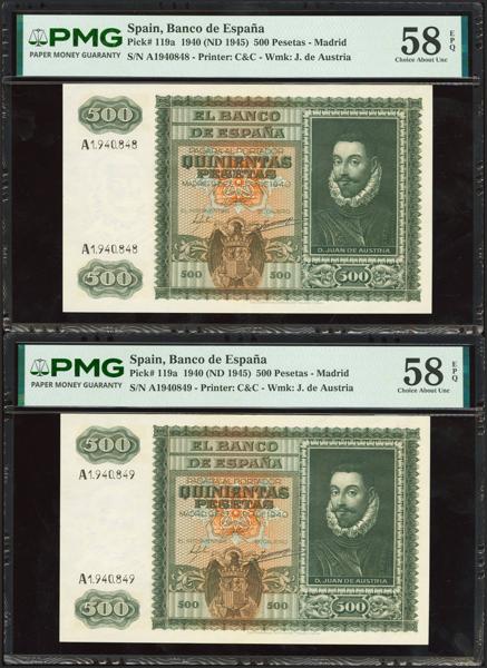 233 - 500 Pesetas. 9 de Enero de 1940. Pareja correlativa. Serie A. (Edifil 2023: 439, Pick: 118a). Muy rara pareja en esta calidad, apresto original. EBC+++. Encapsulados PMG58EPQ, ambos. - 3.000€
