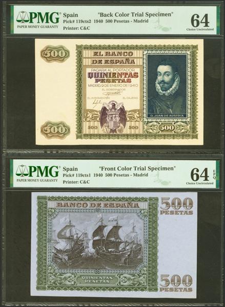 236 - 500 Pesetas. 9 de Enero de 1940. Prueba de anverso y reverso sin numeración y sin firma del cajero. (Edifil 2021: 439Pa, 439Pb, Pick: 119cts1,119cts2). Muy bonita y muy rara. SC. Encapsulado PMG64/64EPQ. - 1.500€