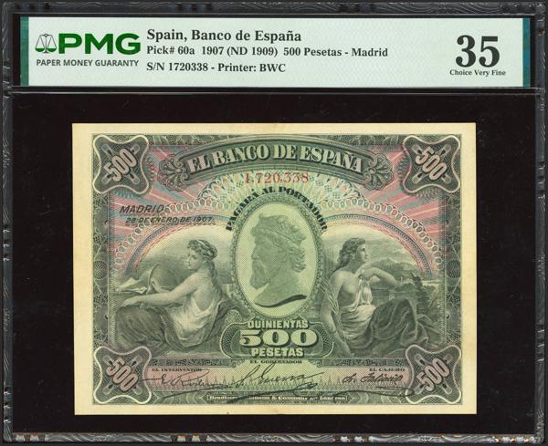 23 - 500 Pesetas. 28 de Enero de 1907. Sin serie. (Edifil 2023: 316, Pick: 60a). Raro, reparado. MBC+. Encapsulado PMG35 (repaired, stamp ink). - 750€