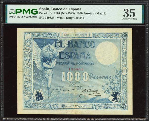 24 - 1000 Pesetas. 10 de Mayo de 1907. Sin serie. (Edifil 2023: 317, Pick: 61a). Muy raro, reparado. MBC. Encapsulado PMG35 (repaired). - 1.750€