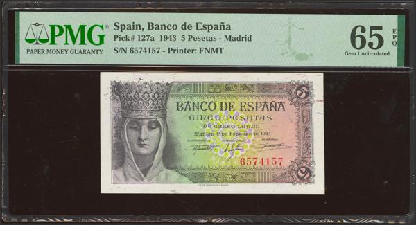 256 - 5 Pesetas. 13 de Febrero de 1943. Sin serie. (Edifil 2021: 446, Pick: 127a). Inusual en esta excepcional calidad, apresto original. SC. Encapsulado PMG65EPQ. - 175€