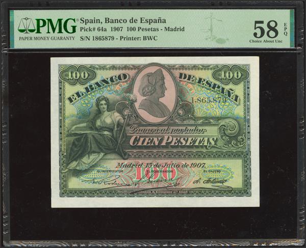 27 - 100 Pesetas. 15 de Julio de 1907. Sin serie. (Edifil 2023: 320, Pick: 64a). Inusual en esta calidad, apresto original. EBC+++. Encapsulado PMG58EPQ. - 300€