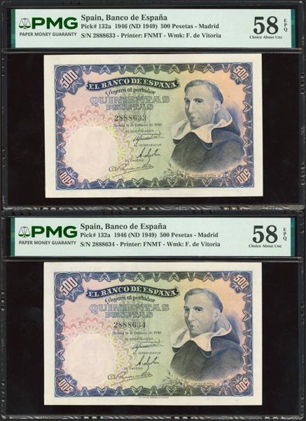292 - 500 Pesetas. 19 de Febrero de 1946. Pareja correlativa. Sin serie. (Edifil 2023: 452, Pick: 132a). Muy rara pareja en esta calidad, apresto original. EBC+++. Encapsulados PMG58EPQ, ambos. - 2.000€