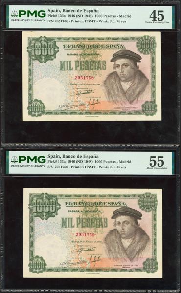 294 - 1000 Pesetas. 19 de Febrero de 1946. Pareja correlativa. Sin serie. (Edifil 2023: 453, Pick: 133a). Extraordinariamente rara. EBC-. Encapsulados PMG45/55. - 1.800€