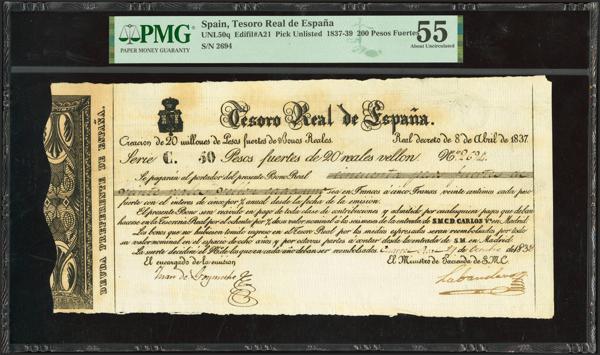 2 - 50 Pesos Fuertes de 20 Reales de Vellón. Tesoro Real de España. 8 de Abril de 1837. Serie C. (Edifil 2023: 22, Pick: Unlisted). EBC+. Encapsulado PMG55 (toning).<BR> - 225€