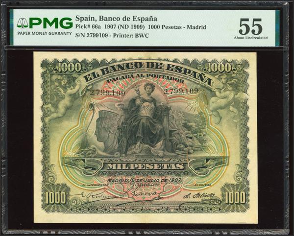 31 - 1000 Pesetas. 15 de Julio de 1907. Sin serie. (Edifil 2023: 322, Pick 66a). Rarísimo en esta excepcional calidad, mínimamente reparado. EBC++. Encapsulado PMG55 (minor repair). - 800€
