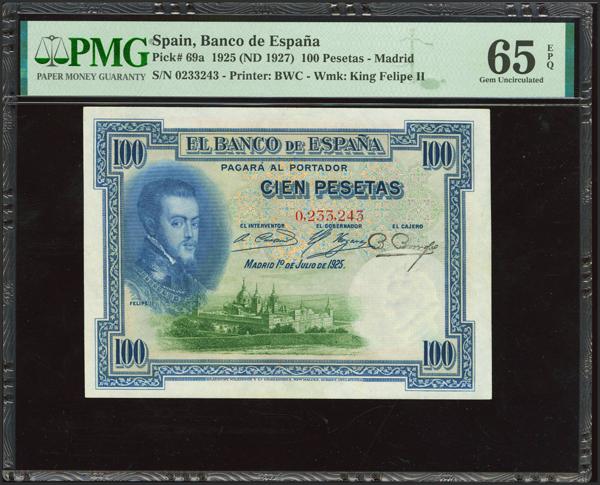33 - 100 Pesetas. 1 de Julio de 1925. Sin serie. (Edifil 2023: 323, Pick: 69a). Rarísimo sin serie, especialmente en esta excepcional calidad, apresto original. SC. Encapsulado PMG65EPQ. - 1.400€