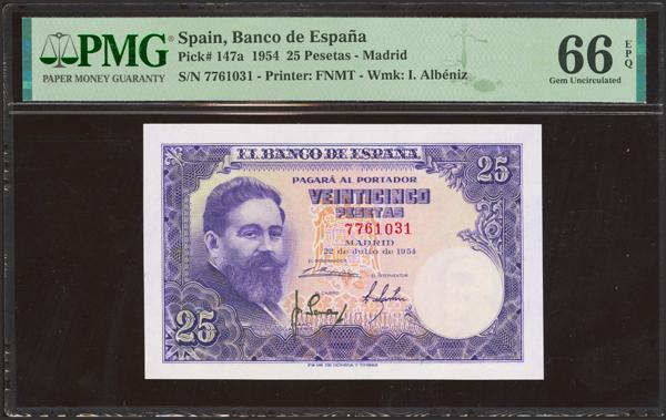 373 - 25 Pesetas. 22 de Julio de 1954. Sin serie. (Edifil 2023: 467, Pick: 147a). Rarísimo en esta excepcional calidad, conserva todo su apresto original. SC. Encapsulado PMG66EPQ. - 400€