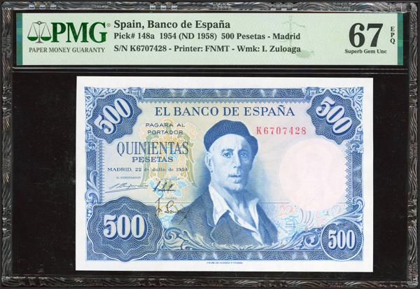 380 - 500 Pesetas. 22 de Julio de 1954. Serie K. (Edifil 2023: 468b, Pick: 148a). Apresto original. SC. Encapsulado PMG67EPQ. - 80€