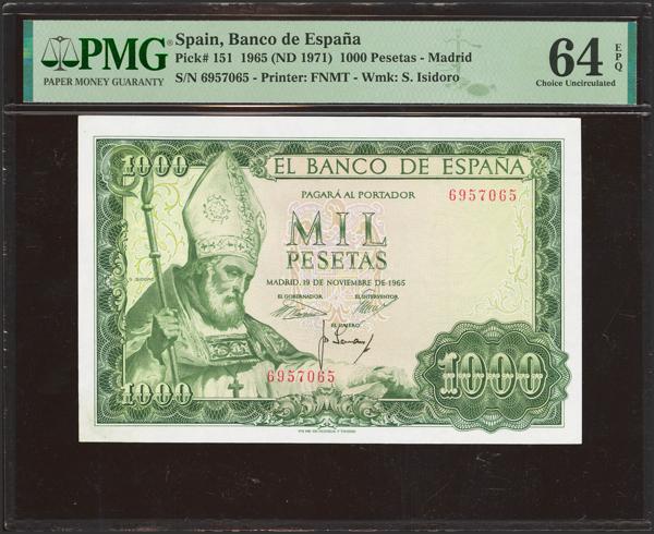 392 - 1000 Pesetas. 19 de Noviembre de 1965. Sin serie. (Edifil 2023: 471, Pick: 151). Inusual en esta calidad, conserva todo su apresto original. SC. Encapsulado PMG64EPQ. - 120€