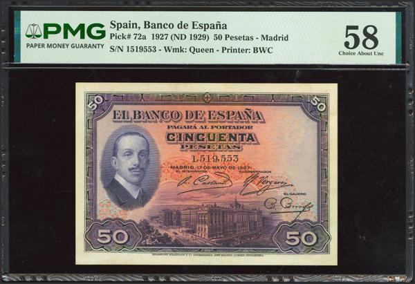 39 - 50 Pesetas. 17 de Mayo de 1927. Sin serie. (Edifil 2023: 326, Pick: 72a). Raro en esta excepcional calidad. EBC++. Encapsulado PMG58. - 475€