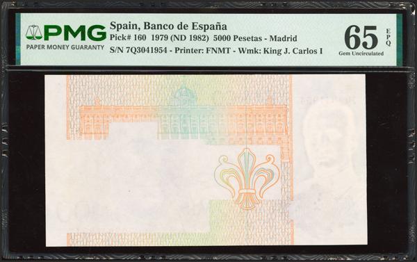 433 - 5000 Pesetas. 23 de Octubre de 1979. Serie 7Q y error de impresión en el reverso. (Edifil 2023: 478a, Pick: 160). Inusual y espectacular, para entender mejor la contextualización de este billete recomendamos la obra "Enciclopedia de la Notafilia y Escripofilia Española", de Don José Antonio Castellanos. SC. Encapsulado PMG65EPQ. - 175€