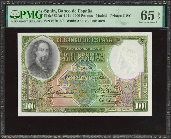 66 - 1000 Pesetas. 25 de Abril de 1931. Sin serie. (Edifil 2021: 362, Pick: 84Aa). Extraordinariamente raro en esta calidad, apresto original. SC. Encapsulado PMG65EPQ. - 1.000€