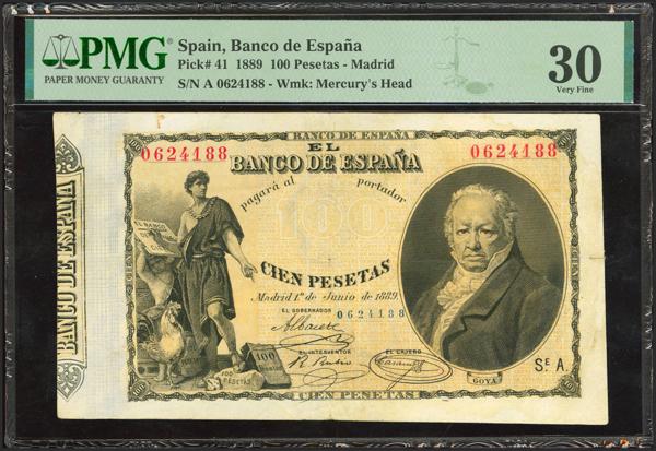 7 - 100 Pesetas. 1 de Julio de 1889. Sin serie. (Edifil 2023: 299, Pick: 41). Muy raro, mínimas reparaciones. MBC+. Encapsulado PMG30 (minor repair). - 1.100€