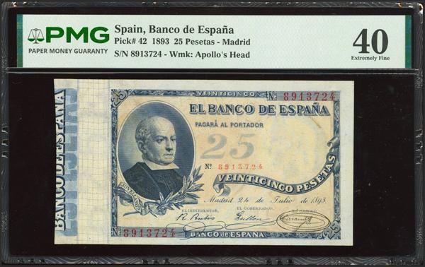 8 - 25 Pesetas. 24 de Julio de 1893. (Edifil 2023: 300, Pick: 42). Raro en esta calidad, especialmente sin ninguna reparación. MBC+. Encapsulado PMG40. - 1.200€