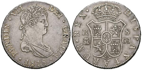 1821 - FERNANDO VII (1808-1833). 8 Reales. (Ar. 26,95g/38mm). 1818. Madrid GJ. (Cal-2019-1273). MBC+. - 200€