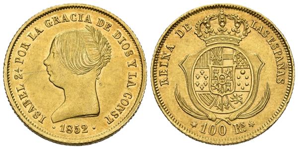1872 - ISABEL II (1833-1868). 100 Reales. (Au. 8,20g/22mm). 1852. Madrid. (Cal-778). EBC-/EBC. Rayas en anverso. Muy Rara. Sólo 7339 ejemplares acuñados en este año. - 2.500€