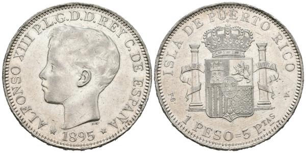 1958 - ALFONSO XIII (1885-1931). 1 Peso. (Ar. 25.43g/37mm). 1895. Puerto Rico PGV. (Cal-2019-128). EBC. Muy raro ejemplar, y más en este precioso estado. - 700€