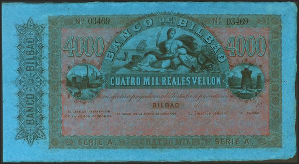 2 - 4000 Reales. 21 de Agosto de 1857. Banco de Bilbao. Serie A. Sin firmas y con numeración. (Edifil 2021: 148). Apresto original. SC. - 200€